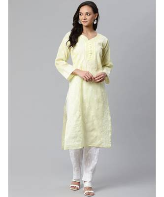 Ada Hand Embroidered Lemon Cotton Lucknow Chikankari Women Kurta with Trouser Set - A100396 1