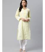 Ada Hand Embroidered Lemon Cotton Lucknow Chikankari Women Kurta with Trouser Set - A100396