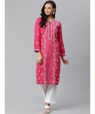 Ada Hand Embroidered Pink Cotton Lucknow Chikankari Kurta with Trouser Set 1