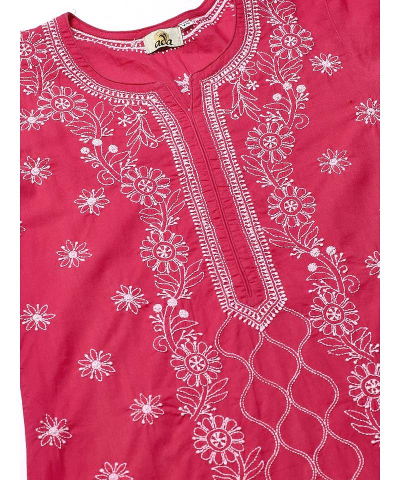 Ada Hand Embroidered Pink Cotton Lucknow Chikankari Kurta with Trouser Set