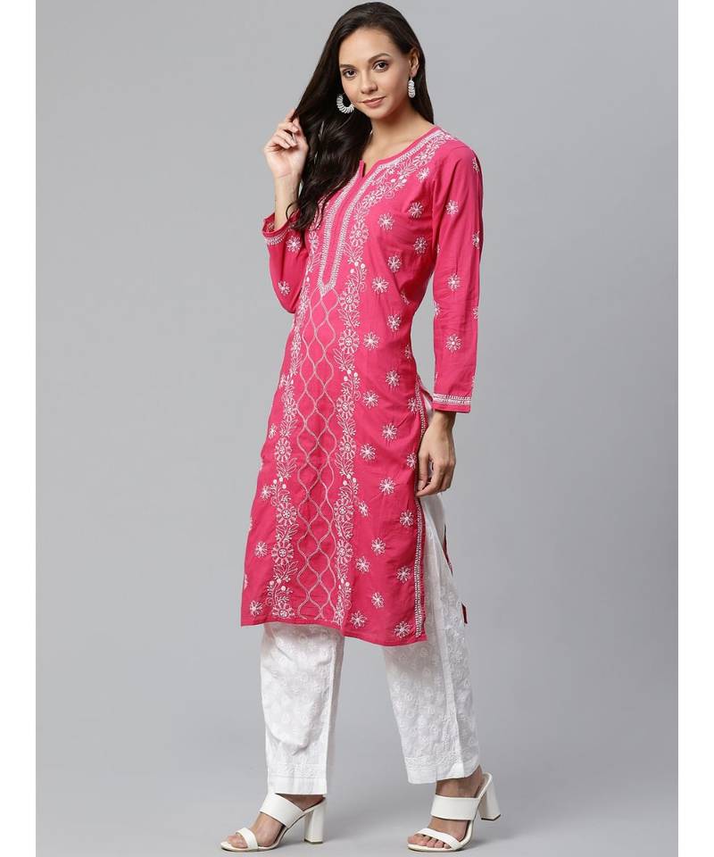 Ada Hand Embroidered Pink Cotton Lucknow Chikankari Kurta with Trouser Set