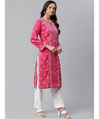 Ada Hand Embroidered Pink Cotton Lucknow Chikankari Kurta with Trouser Set 5