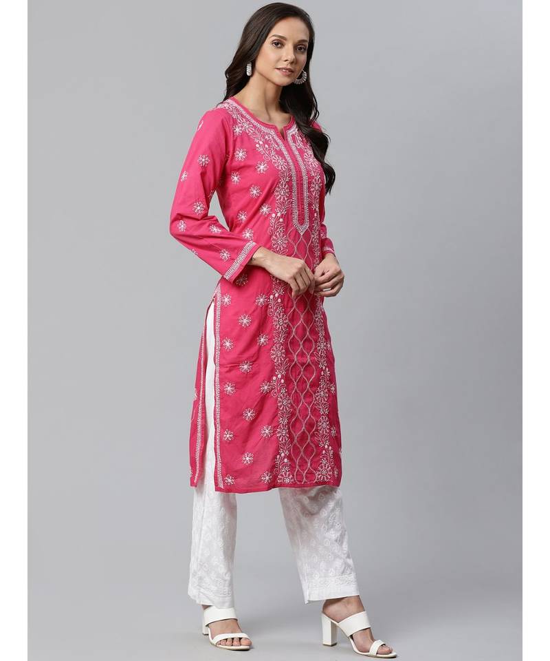 Ada Hand Embroidered Pink Cotton Lucknow Chikankari Kurta with Trouser Set