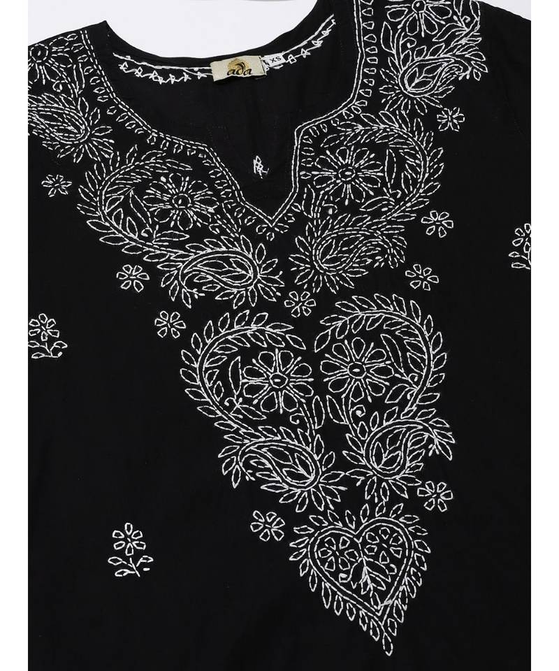 Ada Hand Embroidered Black Cotton Lucknow Chikankari Kurta with Trouser Set