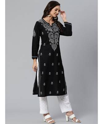 Ada Hand Embroidered Black Cotton Lucknow Chikankari Kurta with Trouser Set 5