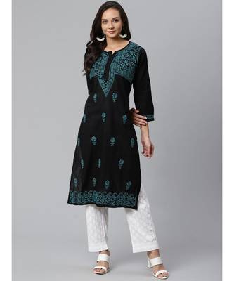 Ada Hand Embroidered Black Cotton Lucknow Chikankari Women Kurta with Palazzo Set - A100392 1