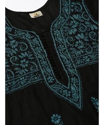 Ada Hand Embroidered Black Cotton Lucknow Chikankari Women Kurta with Palazzo Set - A100392 2