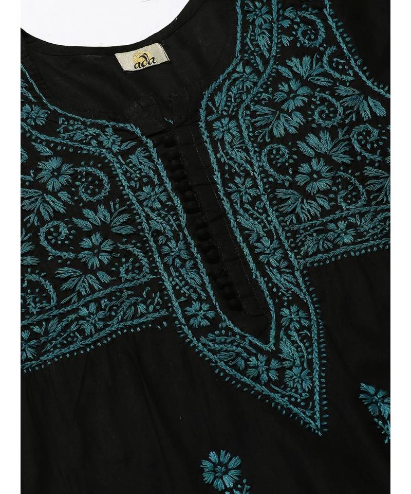 Ada Hand Embroidered Black Cotton Lucknow Chikankari Women Kurta with Palazzo Set - A100392