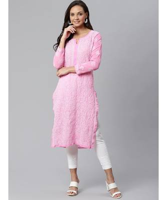 Ada Hand Embroidered Pink Georgette Lucknow Chikankari Women Kurta with Palazzo Set - A100404 1