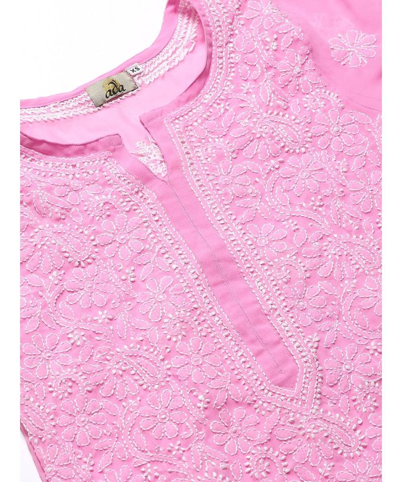 Ada Hand Embroidered Pink Georgette Lucknow Chikankari Women Kurta with Palazzo Set - A100404