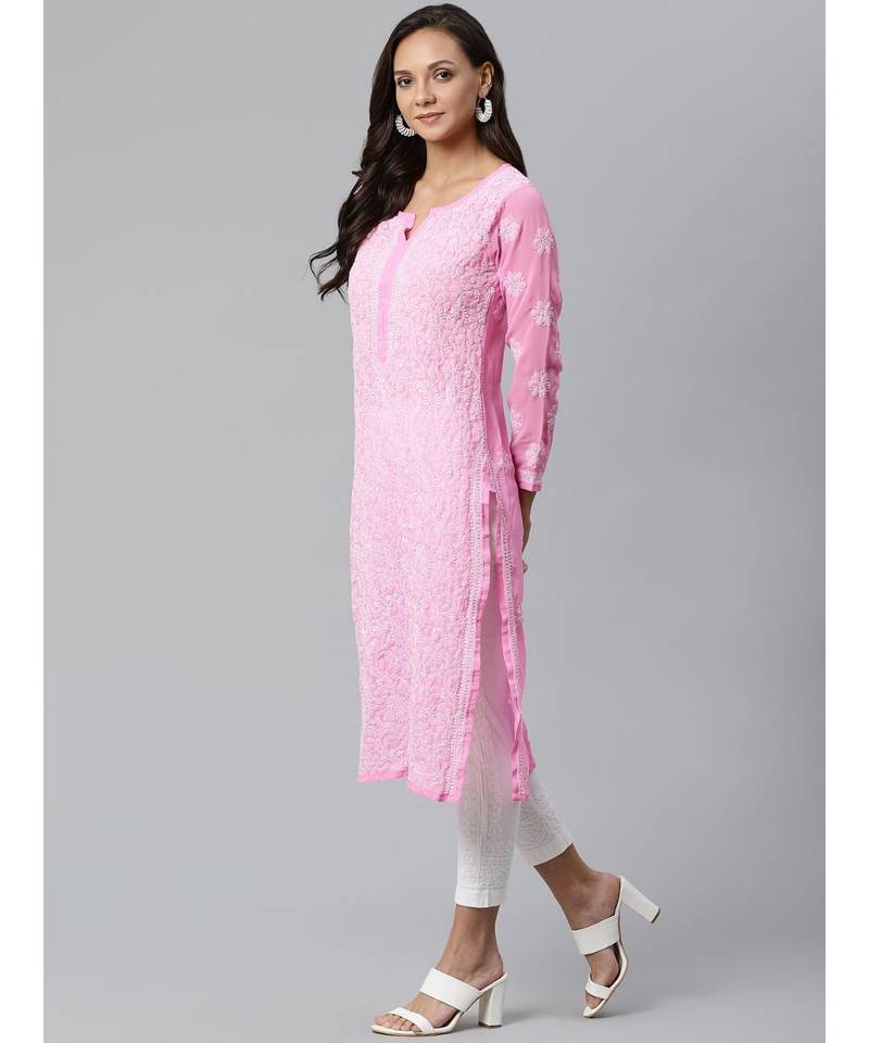 Ada Hand Embroidered Pink Georgette Lucknow Chikankari Women Kurta with Palazzo Set - A100404