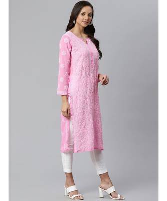 Ada Hand Embroidered Pink Georgette Lucknow Chikankari Women Kurta with Palazzo Set - A100404 4