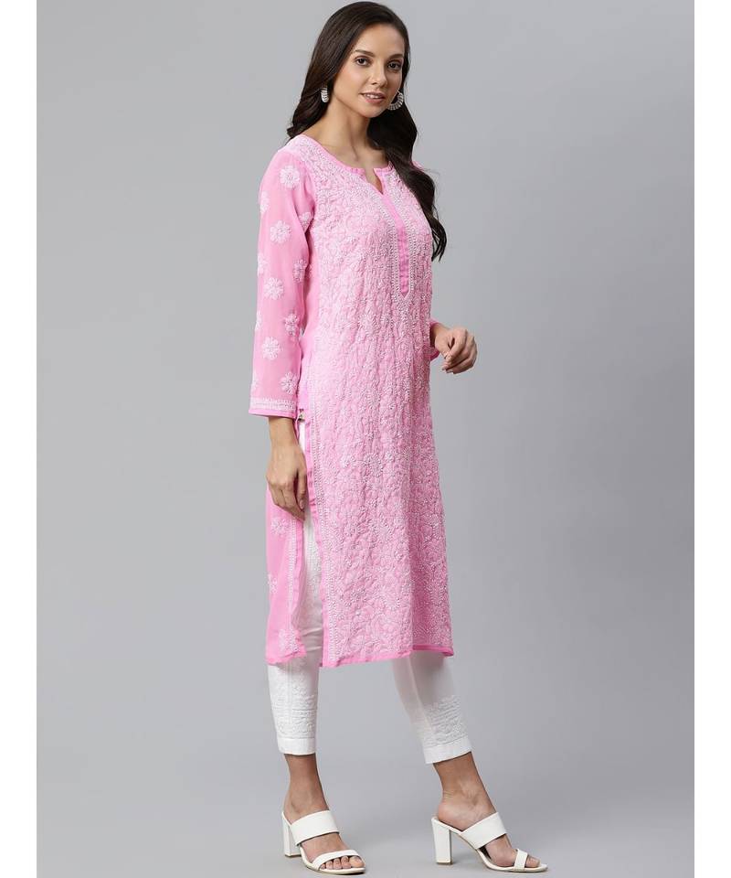 Ada Hand Embroidered Pink Georgette Lucknow Chikankari Women Kurta with Palazzo Set - A100404