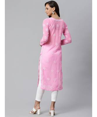 Ada Hand Embroidered Pink Georgette Lucknow Chikankari Women Kurta with Palazzo Set - A100404 5