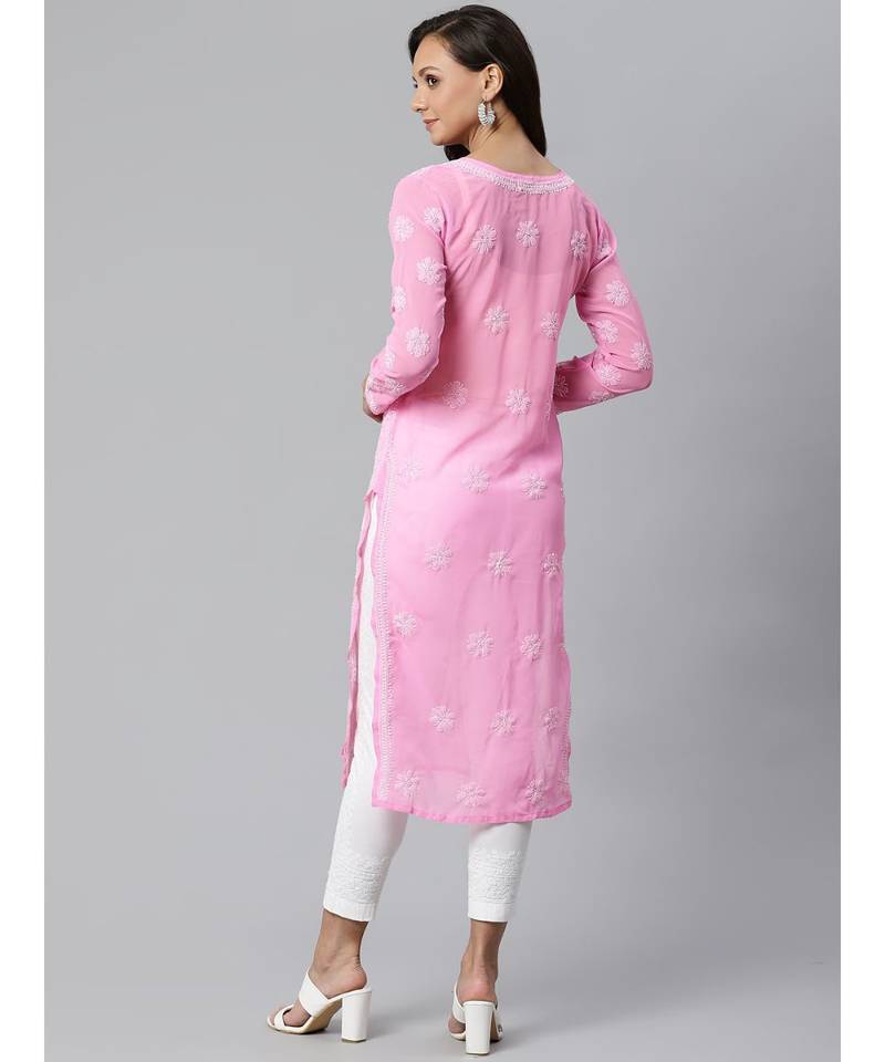 Ada Hand Embroidered Pink Georgette Lucknow Chikankari Women Kurta with Palazzo Set - A100404