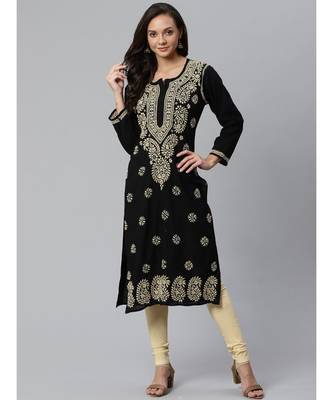 Ada Hand Embroidered Black Lucknow Chikankari Women Kurta with Churidar Set - A100399 1