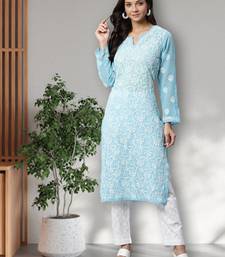 Hand Embroidered Blue Faux Georgette Lucknow Chikankari Women Kurta Palazzo Set With Slip
