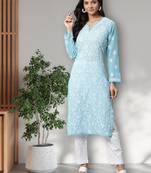 Hand Embroidered Blue Faux Georgette Lucknow Chikankari Women Kurta Palazzo Set With Slip