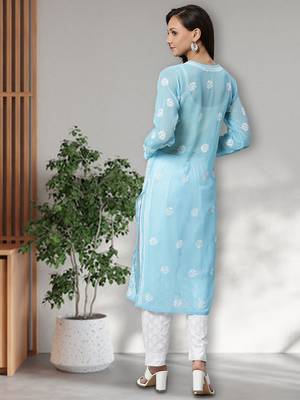 Hand Embroidered Blue Faux Georgette Lucknow Chikankari Women Kurta Palazzo Set With Slip 2
