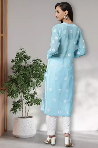 Hand Embroidered Blue Faux Georgette Lucknow Chikankari Women Kurta Palazzo Set With Slip