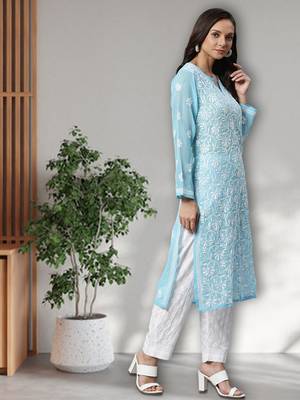 Hand Embroidered Blue Faux Georgette Lucknow Chikankari Women Kurta Palazzo Set With Slip 3