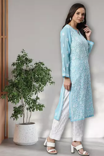 Hand Embroidered Blue Faux Georgette Lucknow Chikankari Women Kurta Palazzo Set With Slip