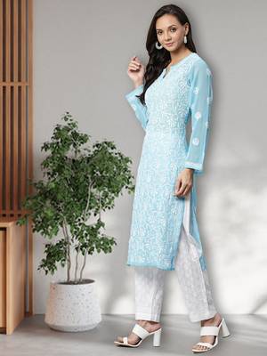 Hand Embroidered Blue Faux Georgette Lucknow Chikankari Women Kurta Palazzo Set With Slip 4