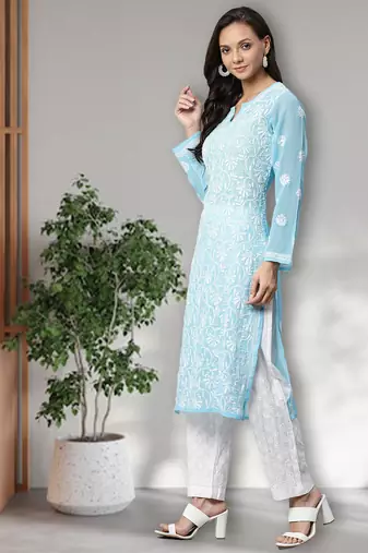 Hand Embroidered Blue Faux Georgette Lucknow Chikankari Women Kurta Palazzo Set With Slip