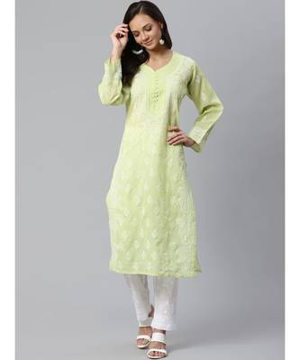 Ada Hand Embroidered Green Cotton Lucknow Chikankari Women Kurta with Trouser Set - A100397 1
