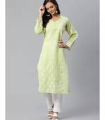 Ada Hand Embroidered Green Cotton Lucknow Chikankari Women Kurta with Trouser Set - A100397
