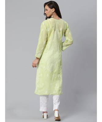 Ada Hand Embroidered Green Cotton Lucknow Chikankari Women Kurta with Trouser Set - A100397 2