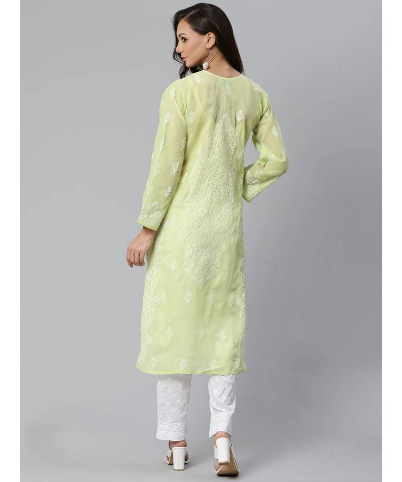 Ada Hand Embroidered Green Cotton Lucknow Chikankari Women Kurta with Trouser Set - A100397