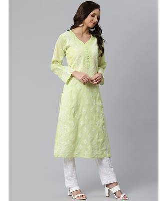 Ada Hand Embroidered Green Cotton Lucknow Chikankari Women Kurta with Trouser Set - A100397 3