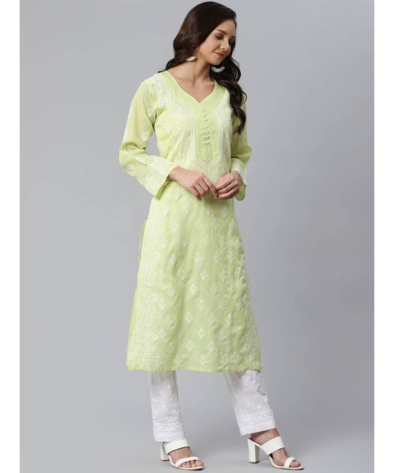 Ada Hand Embroidered Green Cotton Lucknow Chikankari Women Kurta with Trouser Set - A100397