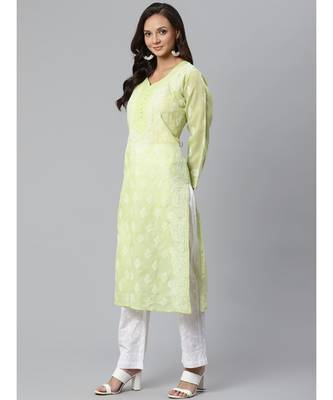 Ada Hand Embroidered Green Cotton Lucknow Chikankari Women Kurta with Trouser Set - A100397 4