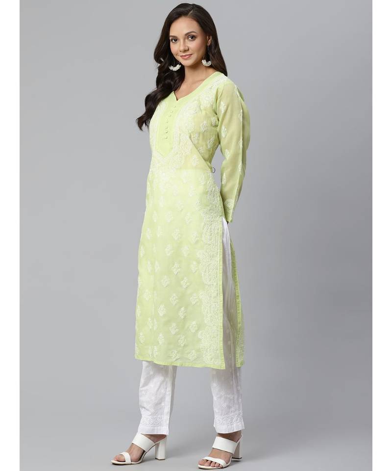 Ada Hand Embroidered Green Cotton Lucknow Chikankari Women Kurta with Trouser Set - A100397