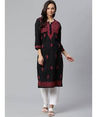 Ada Hand Embroidered Black Cotton Lucknow Chikankari Women Kurta with Palazzo Set - A100391 1