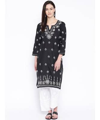 Ada Hand Embroidered Black Cotton Lucknow Chikankari Women Kurta with Trouser Set - A100227 1