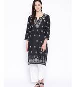Ada Hand Embroidered Black Cotton Lucknow Chikankari Women Kurta with Trouser Set - A100227