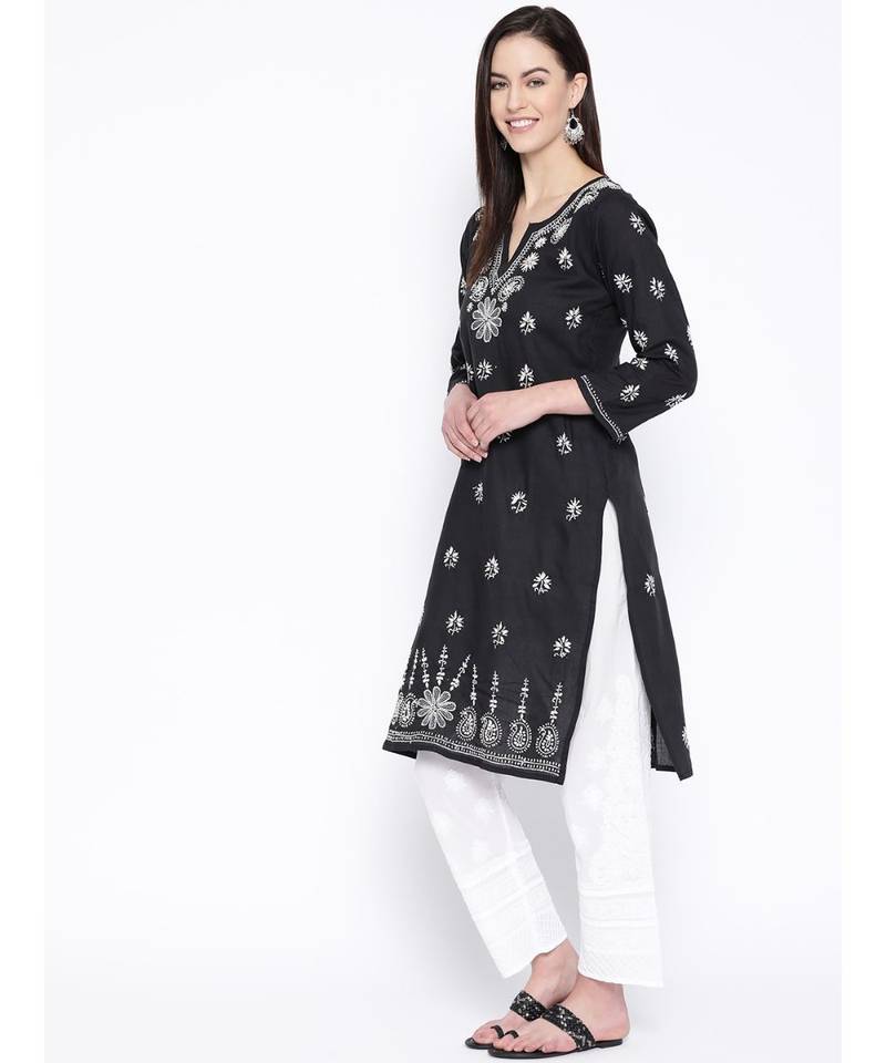 Ada Hand Embroidered Black Cotton Lucknow Chikankari Women Kurta with Trouser Set - A100227