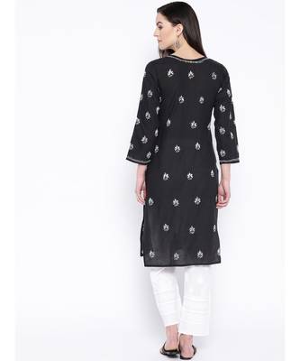 Ada Hand Embroidered Black Cotton Lucknow Chikankari Women Kurta with Trouser Set - A100227 5