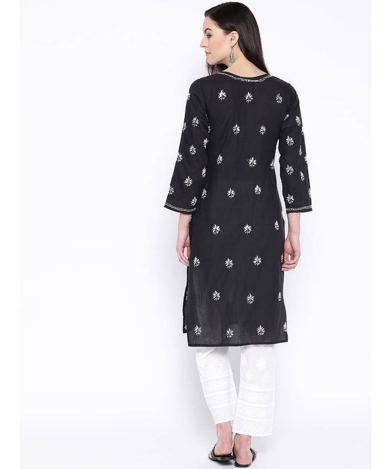 Ada Hand Embroidered Black Cotton Lucknow Chikankari Women Kurta with Trouser Set - A100227