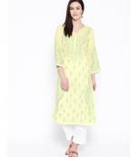 Ada Hand Embroidered Yellow Cotton Lucknow Chikankari Women Kurta with Trouser Set - A100228