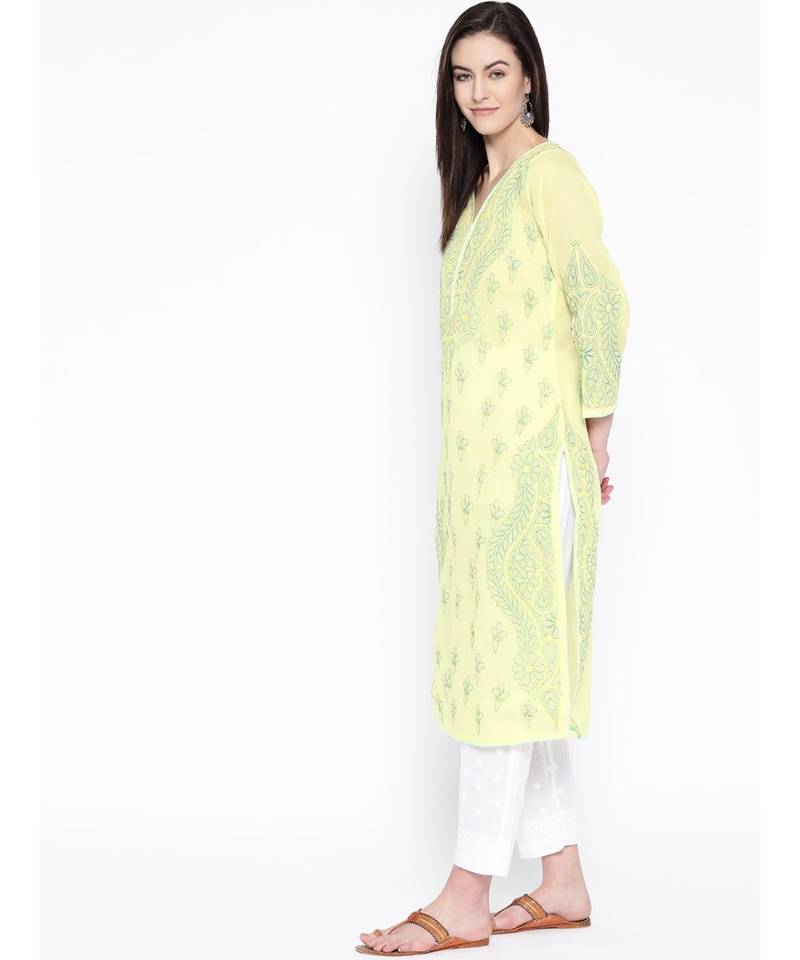 Ada Hand Embroidered Yellow Cotton Lucknow Chikankari Women Kurta with Trouser Set - A100228