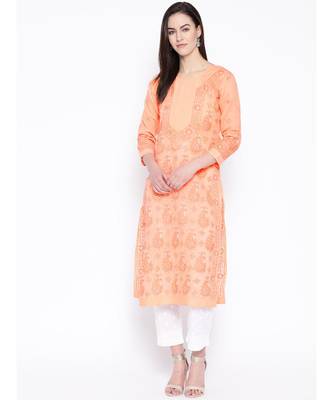 Ada Hand Embroidered Peach Cotton Lucknow Chikankari Women Kurta with Trouser Set - A100225 1