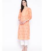 Ada Hand Embroidered Peach Cotton Lucknow Chikankari Women Kurta with Trouser Set - A100225