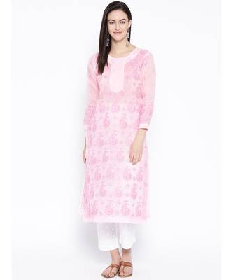 Ada Hand Embroidered Pink Cotton Lucknow Chikankari Women Kurta with Trouser Set - A100216 1