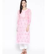 Ada Hand Embroidered Pink Cotton Lucknow Chikankari Women Kurta with Trouser Set - A100216