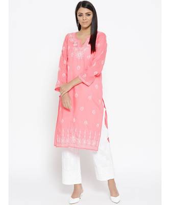 Ada Hand Embroidered Peach Cotton Lucknow Chikankari Women Kurta with Palazzo Set - A100017 1