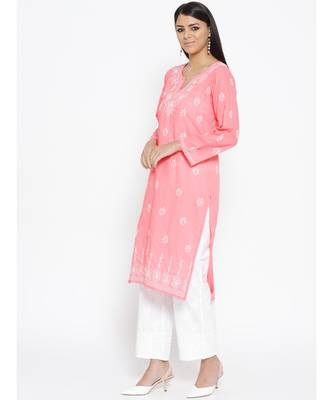 Ada Hand Embroidered Peach Cotton Lucknow Chikankari Women Kurta with Palazzo Set - A100017 2